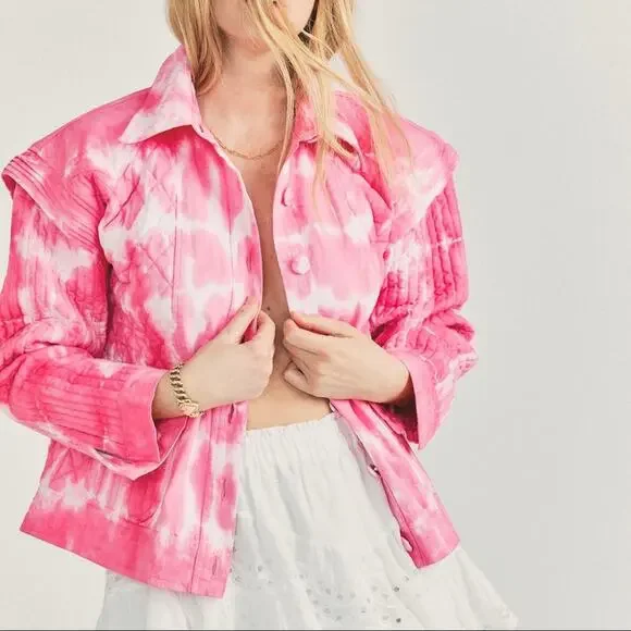 LoveShackFancy Adelade Hibiscus Hand Dye Pink Oversized Quilted Jacket Medium - Picture 9 of 15